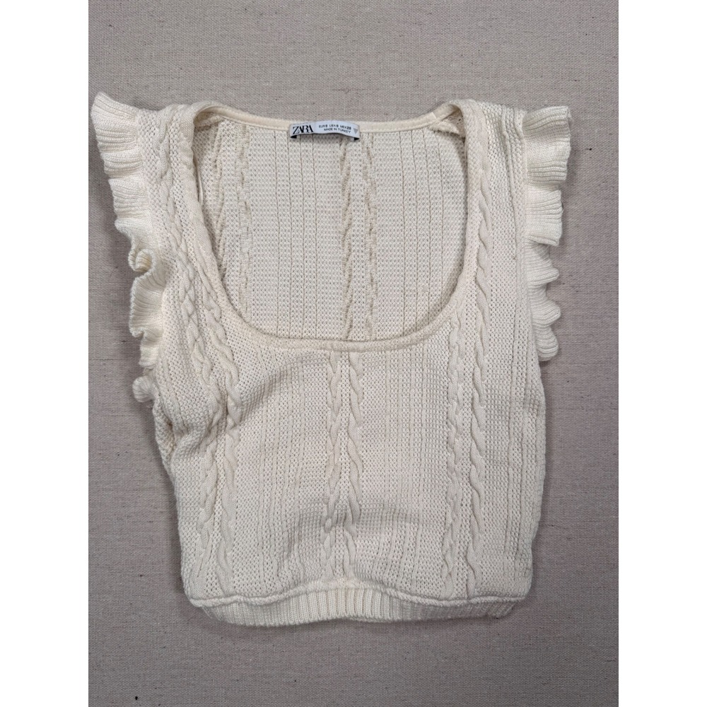 Zara Cream Cable Knit Ruffle Sleeve Scoop Neck Cropped Sweater Vest Top Small